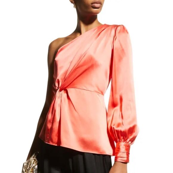 Cinq à Sept Stace Asymmetric Neck One Shoulder Silk Top Neon Coral - Picture 1 of 12